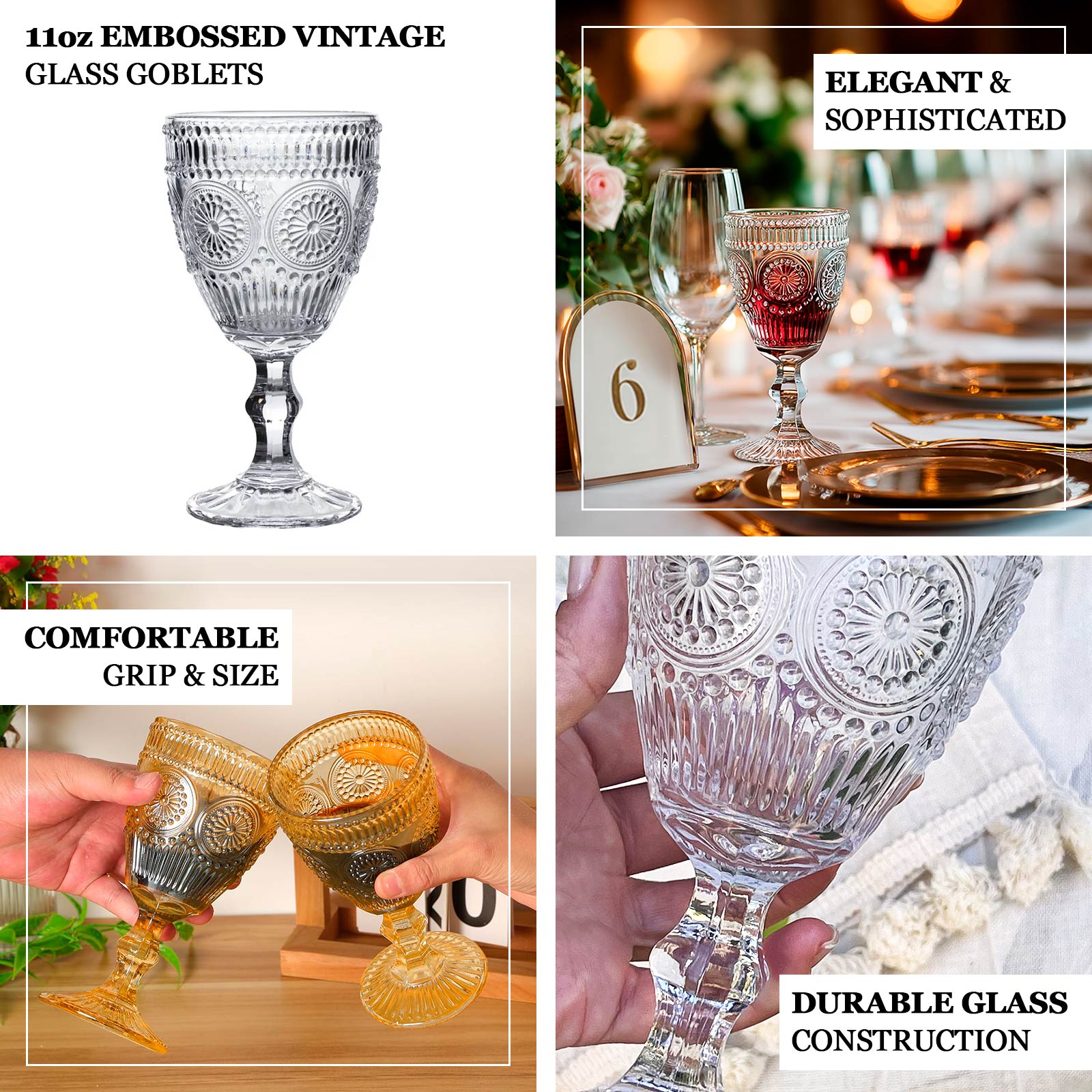 6-Pack Clear Vintage Goblets 11oz – Embossed Glass Cocktail & Wine Glasses with Floral Design