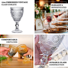 6-Pack Amber Gold Vintage Goblets 11oz – Embossed Glass Cocktail & Wine Glasses with Floral Design