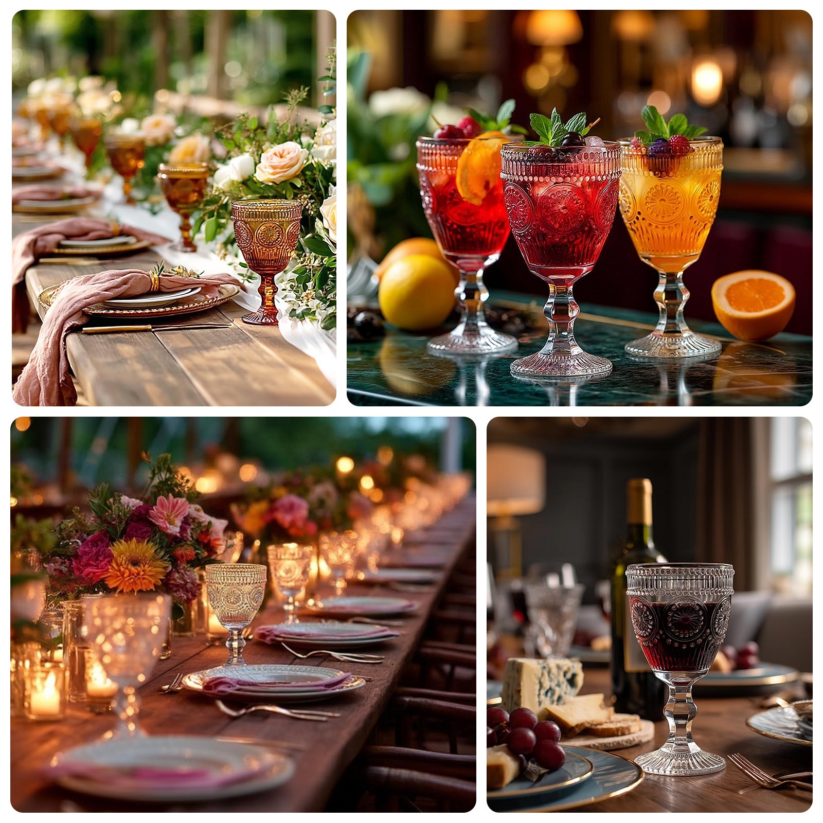 6-Pack Amber Gold Vintage Goblets 11oz – Embossed Glass Cocktail & Wine Glasses with Floral Design