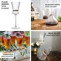 6-Pack Clear Wine Glasses – 9oz Real Glass, Ribbed Design with Gold Ring Accent, Elegant Glassware for Celebrations – 9" Tall