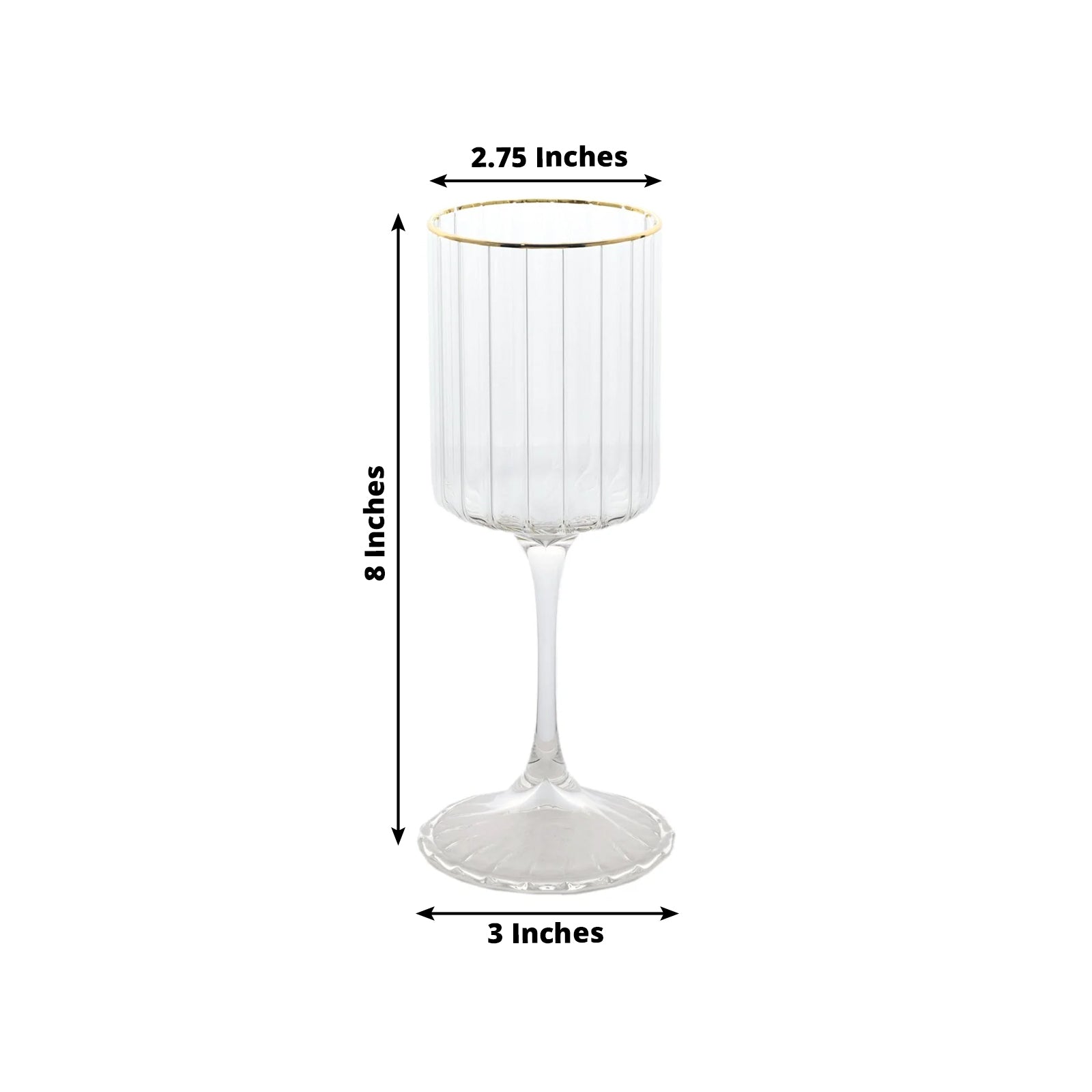 6-Pack Vintage Wine Goblet Glasses – 10oz Ribbed Clear Glass with Gold Rim, Classic Table Drinkware for Cocktails or Beverages – 8" Tall