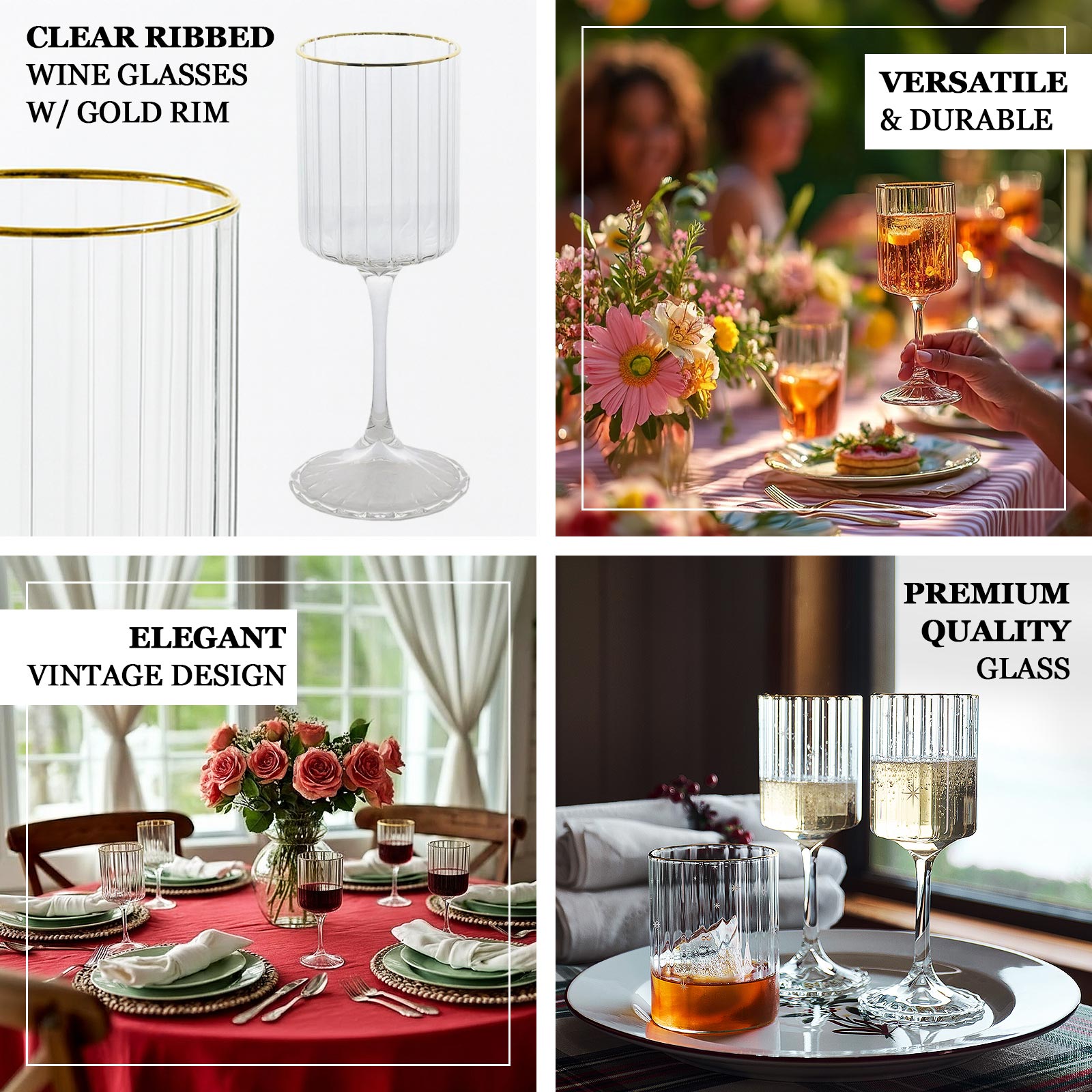 6-Pack Vintage Wine Goblet Glasses – 10oz Ribbed Clear Glass with Gold Rim, Classic Table Drinkware for Cocktails or Beverages – 8" Tall