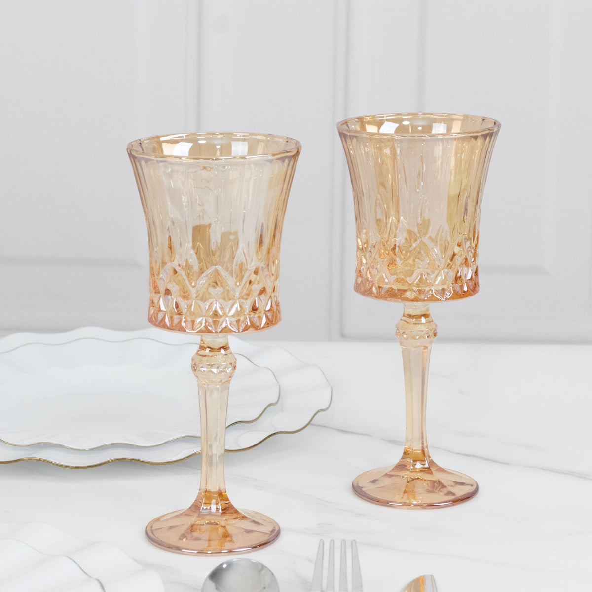 6 Pack 9oz Crystal Cut Glass Goblets Amber Gold – Elegant Vintage Wine, Water & Cocktail Glasses for Table Settings