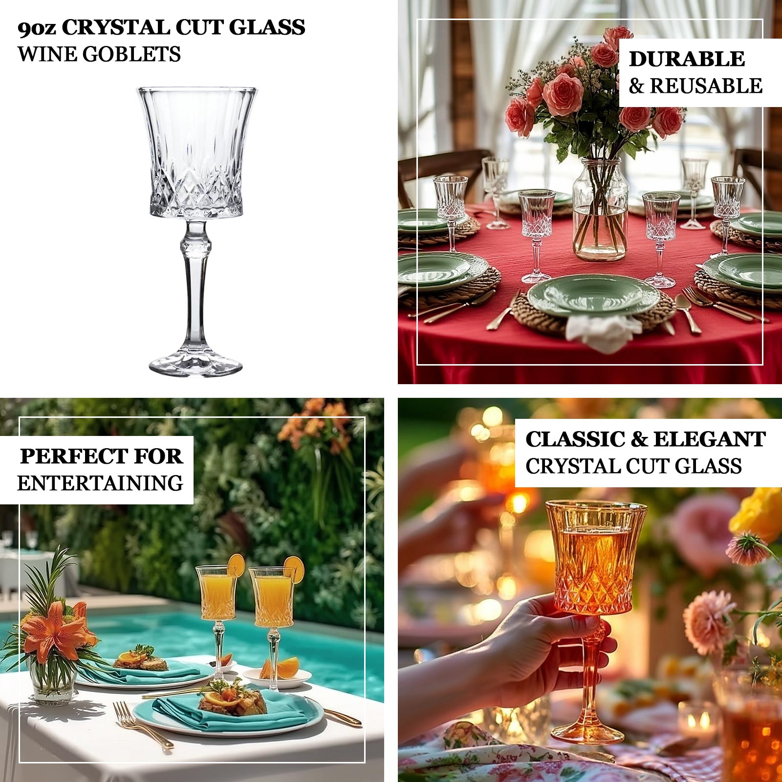 6 Pack 9oz Crystal Cut Glass Goblets Clear – Elegant Vintage Wine, Water & Cocktail Glasses for Table Settings