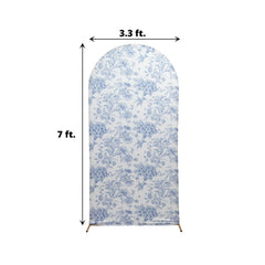 7ft Fitted Spandex Chiara Backdrop Cover – French Toile Blue & White Floral Arch Slipcover for Round Top Wedding Stand