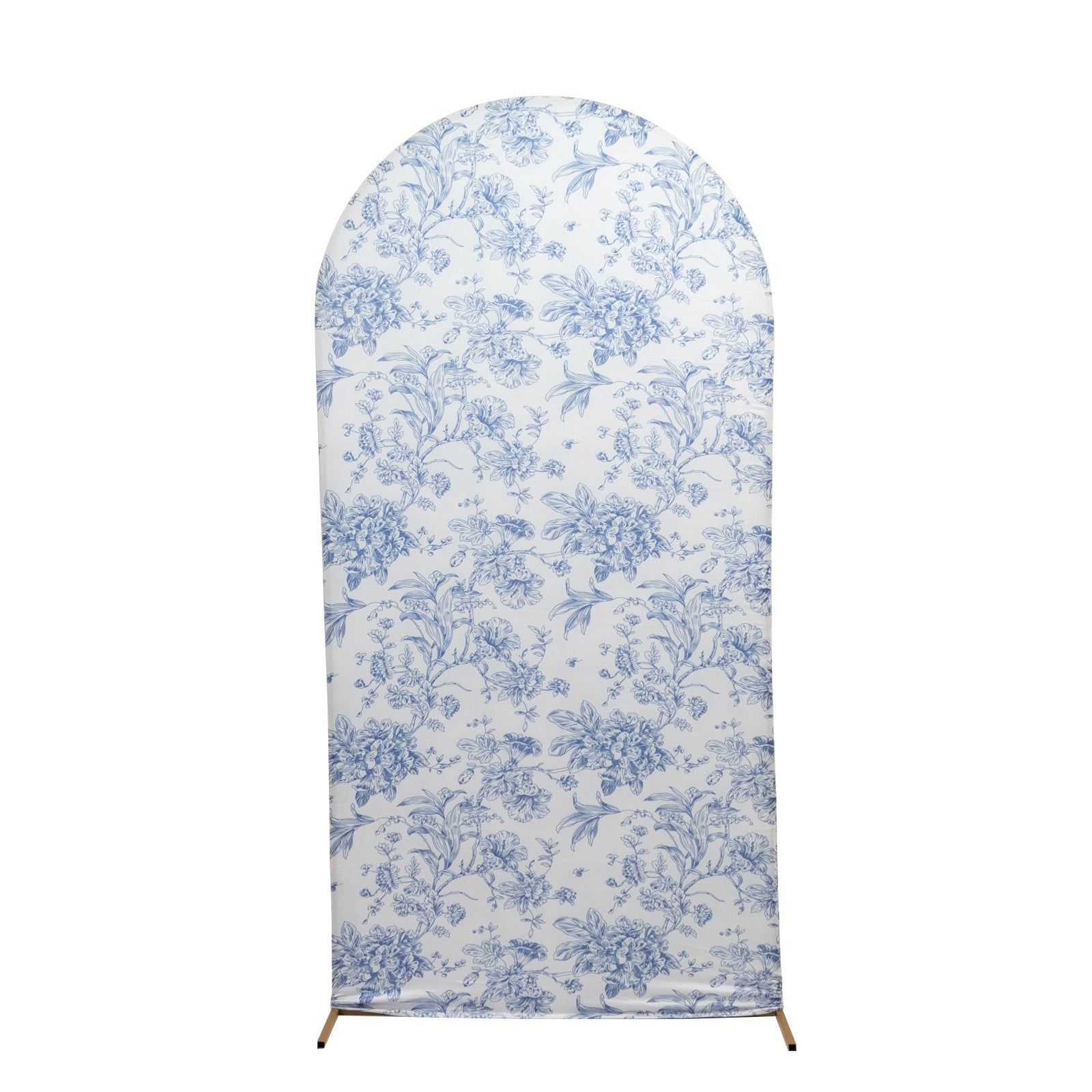 7ft Fitted Spandex Chiara Backdrop Cover – French Toile Blue & White Floral Arch Slipcover for Round Top Wedding Stand