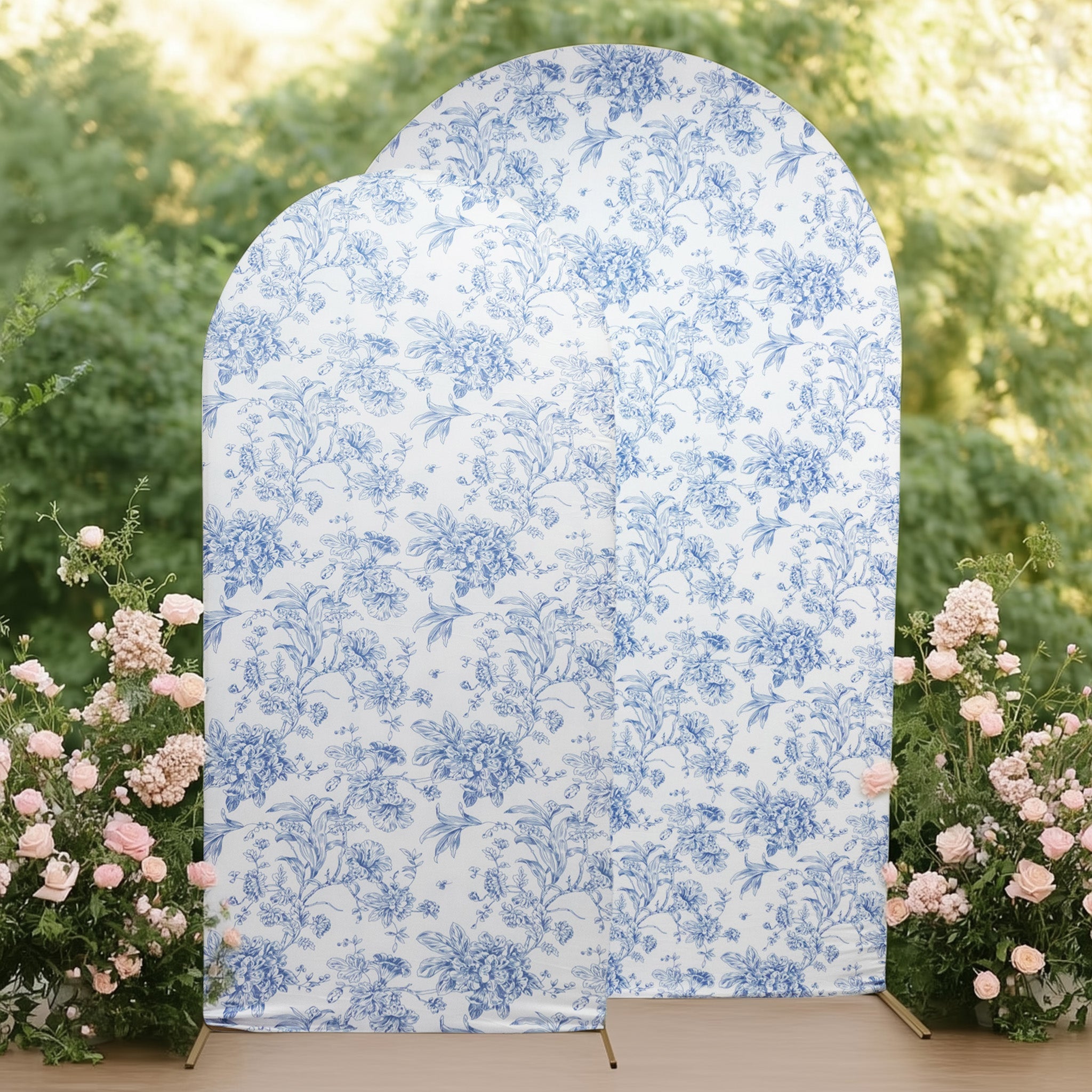 7ft Fitted Spandex Chiara Backdrop Cover – French Toile Blue & White Floral Arch Slipcover for Round Top Wedding Stand