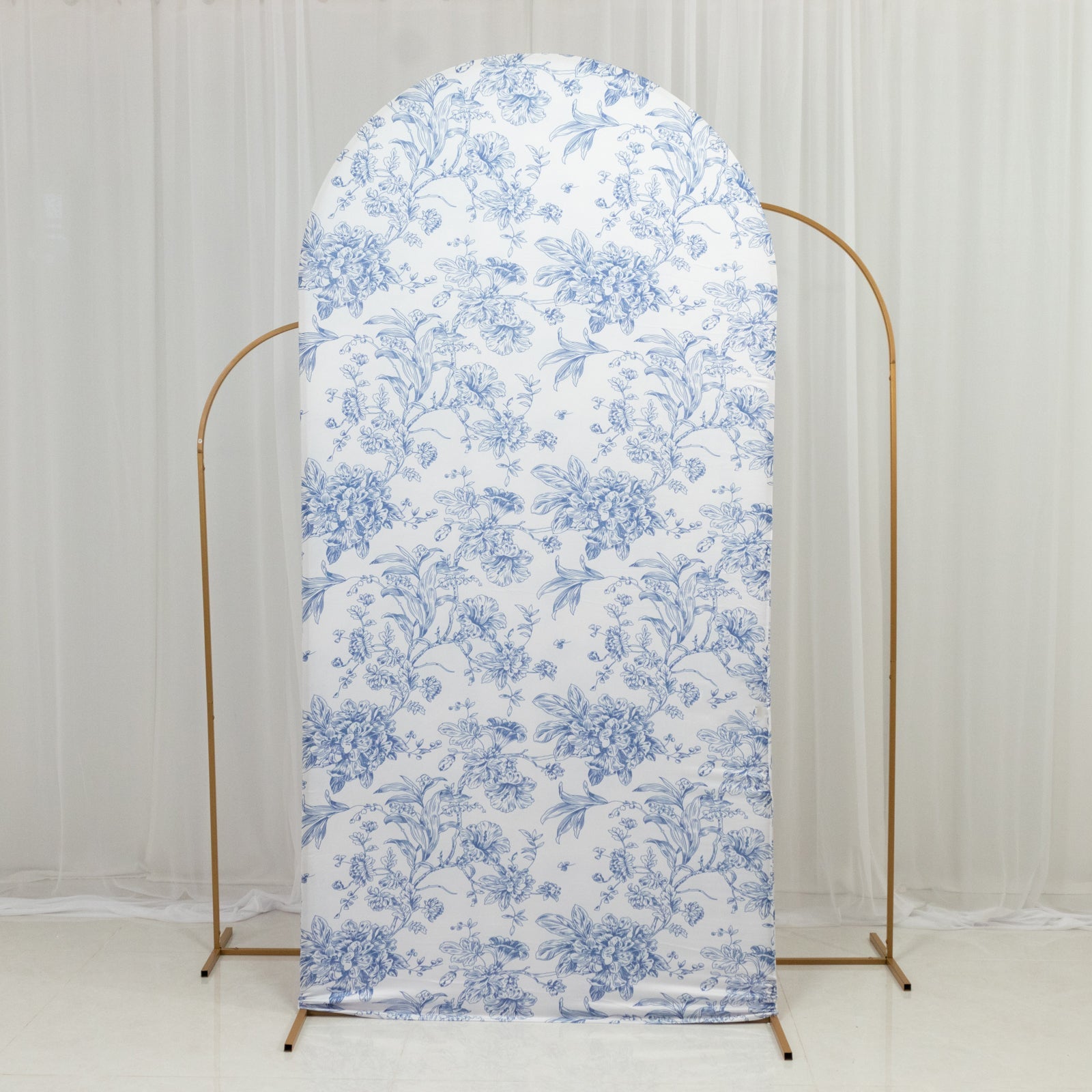 7ft Fitted Spandex Chiara Backdrop Cover – French Toile Blue & White Floral Arch Slipcover for Round Top Wedding Stand