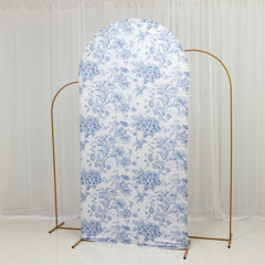 7ft Fitted Spandex Chiara Backdrop Cover – French Toile Blue & White Floral Arch Slipcover for Round Top Wedding Stand