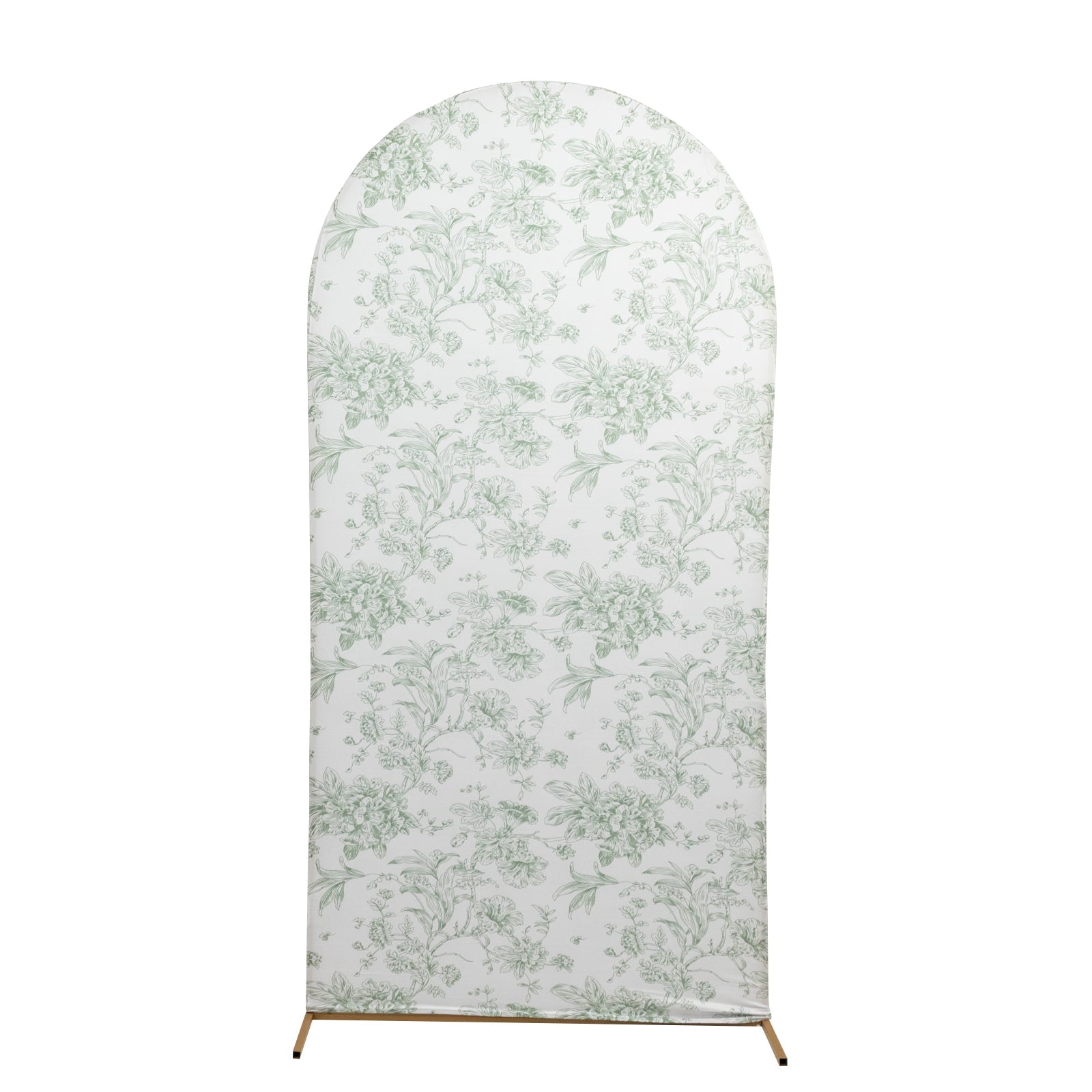 7ft Fitted Spandex Chiara Backdrop Cover – French Toile Dusty Sage Green & White Floral Arch Slipcover for Round Top Wedding Stand
