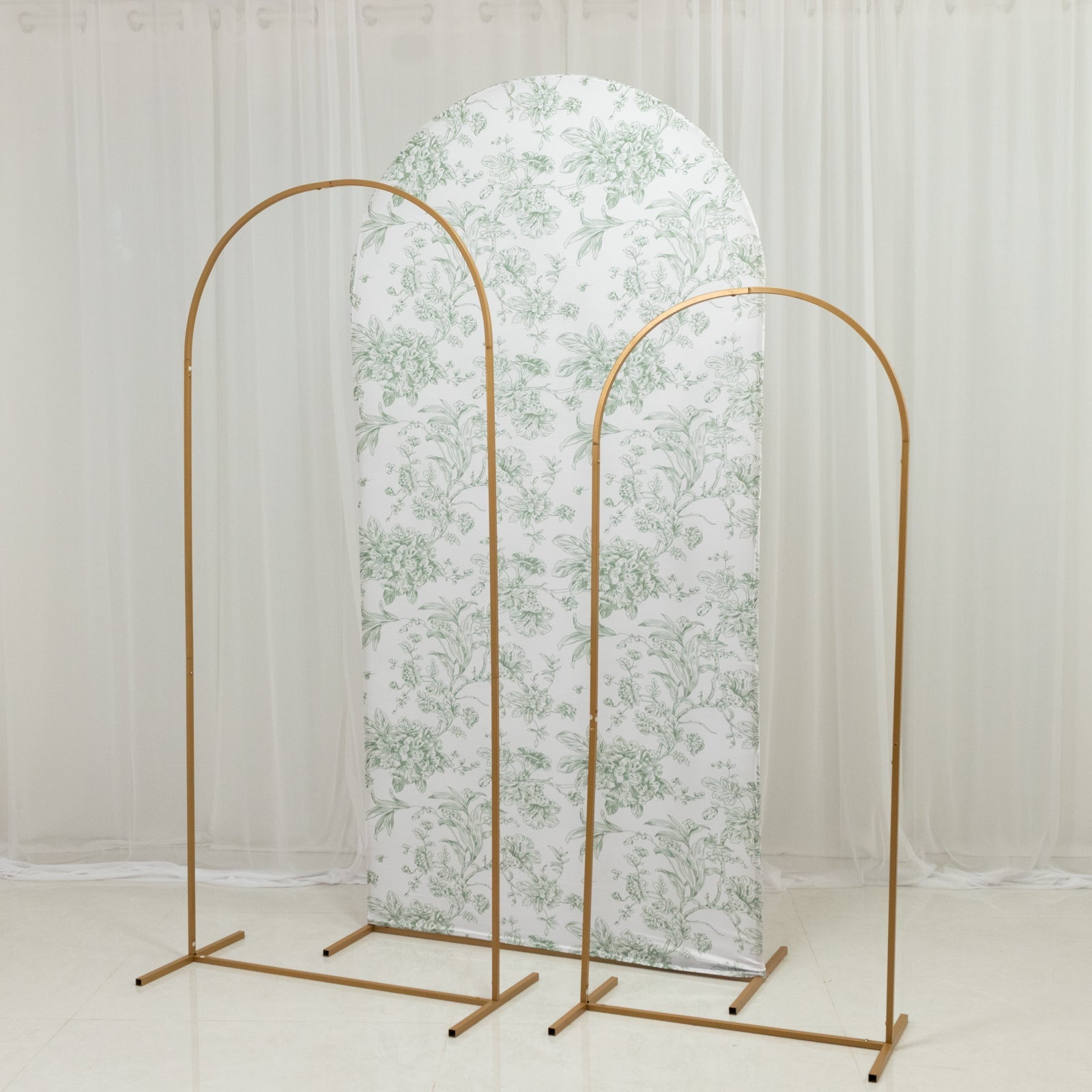 7ft Fitted Spandex Chiara Backdrop Cover – French Toile Dusty Sage Green & White Floral Arch Slipcover for Round Top Wedding Stand
