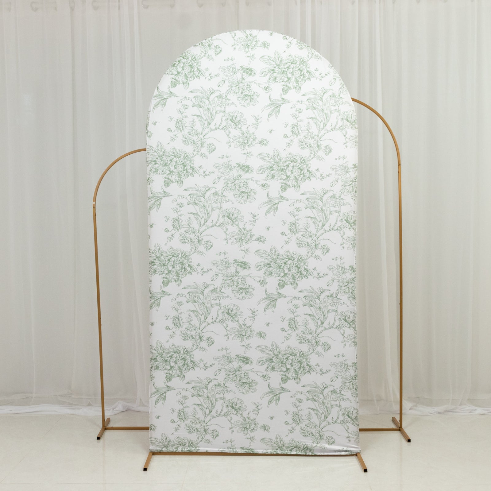 7ft Fitted Spandex Chiara Backdrop Cover – French Toile Dusty Sage Green & White Floral Arch Slipcover for Round Top Wedding Stand