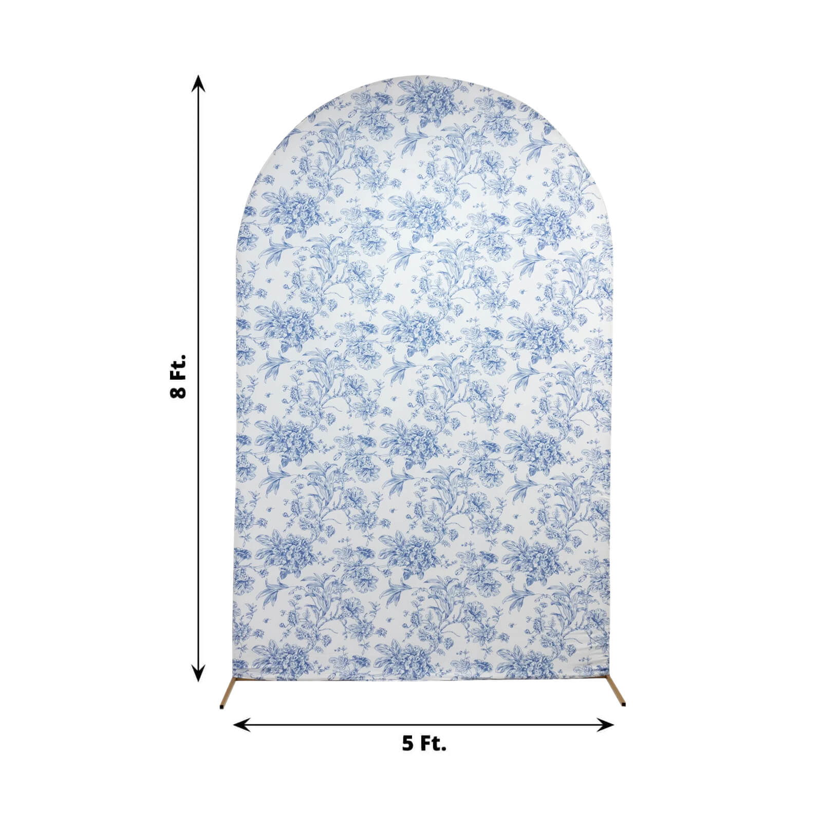 8ft Fitted Spandex Chiara Backdrop Cover – French Toile Blue & White Floral Arch Slipcover for Round Top Wedding Stand