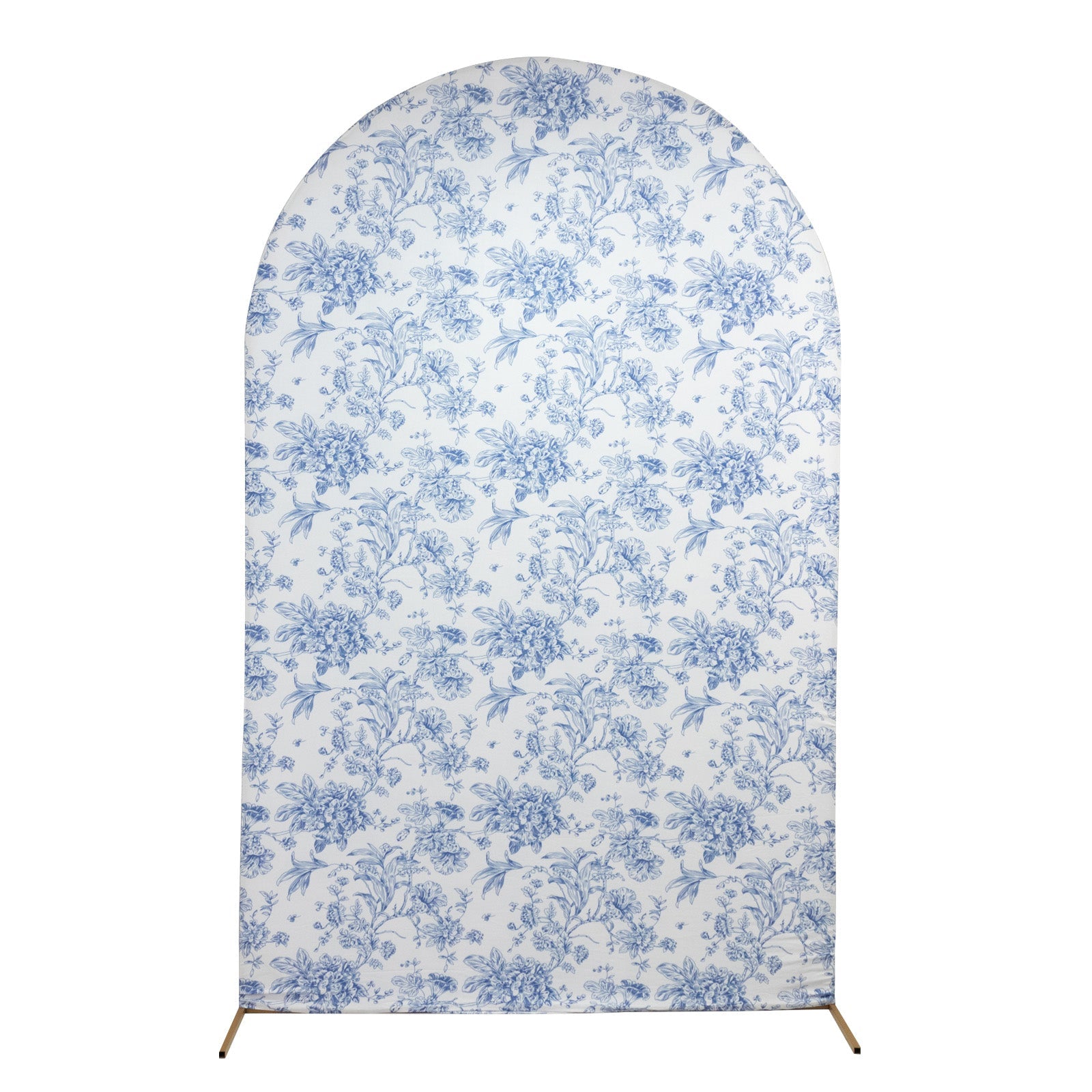 8ft Fitted Spandex Chiara Backdrop Cover – French Toile Blue & White Floral Arch Slipcover for Round Top Wedding Stand