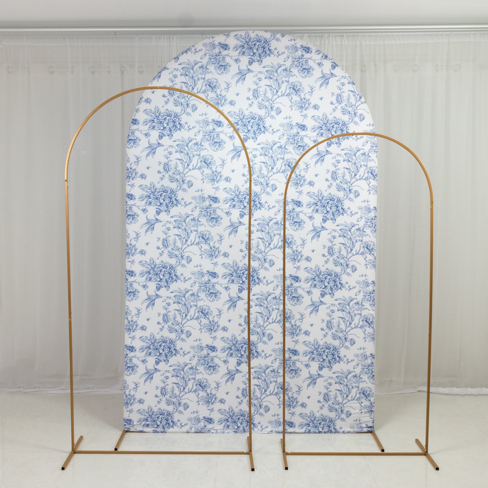 8ft Fitted Spandex Chiara Backdrop Cover – French Toile Blue & White Floral Arch Slipcover for Round Top Wedding Stand