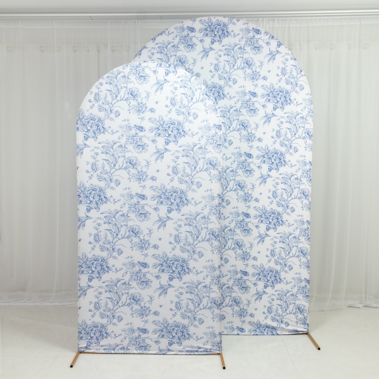 8ft Fitted Spandex Chiara Backdrop Cover – French Toile Blue & White Floral Arch Slipcover for Round Top Wedding Stand