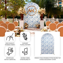 8ft Fitted Spandex Chiara Backdrop Cover – French Toile Blue & White Floral Arch Slipcover for Round Top Wedding Stand