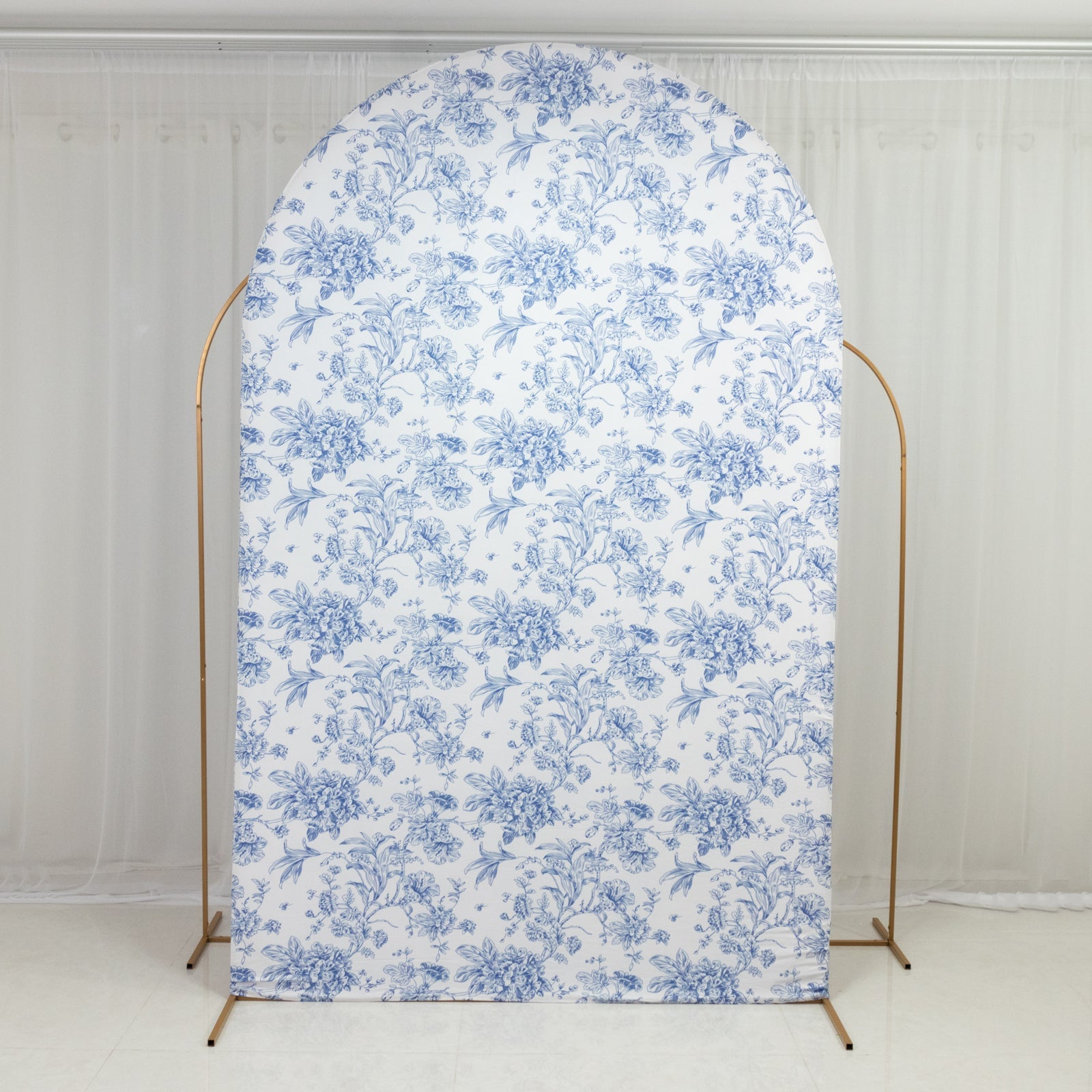 8ft Fitted Spandex Chiara Backdrop Cover – French Toile Blue & White Floral Arch Slipcover for Round Top Wedding Stand