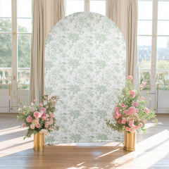 8ft Fitted Spandex Chiara Backdrop Cover – French Toile Blue & White Floral Arch Slipcover for Round Top Wedding Stand