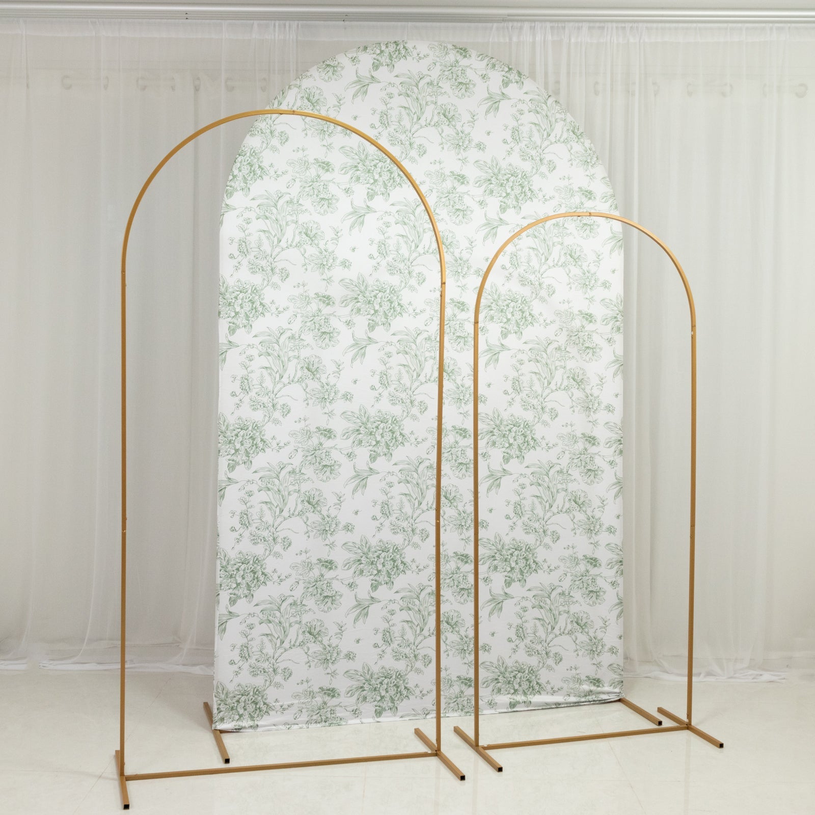 8ft Fitted Spandex Chiara Backdrop Cover – French Toile Blue & White Floral Arch Slipcover for Round Top Wedding Stand