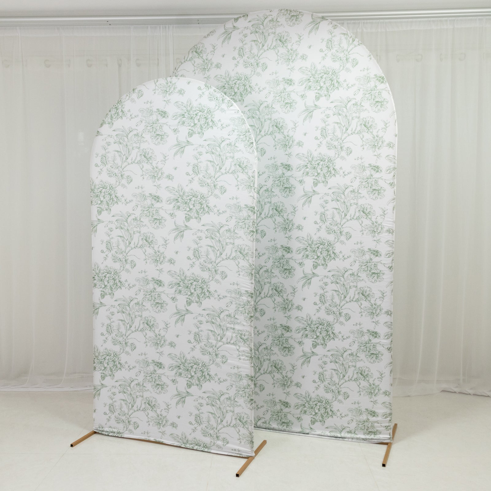 8ft Fitted Spandex Chiara Backdrop Cover – French Toile Blue & White Floral Arch Slipcover for Round Top Wedding Stand