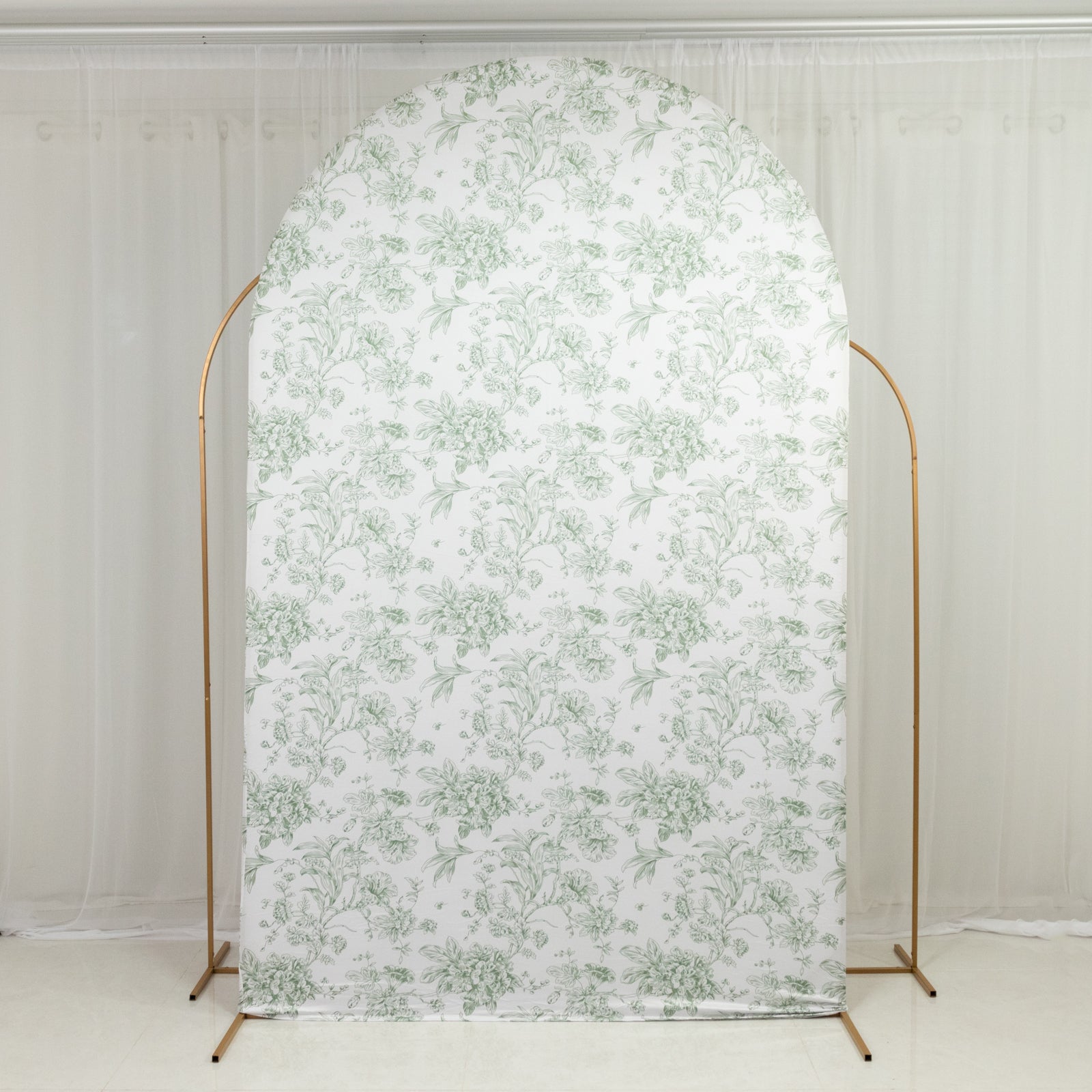 8ft Fitted Spandex Chiara Backdrop Cover – French Toile Blue & White Floral Arch Slipcover for Round Top Wedding Stand