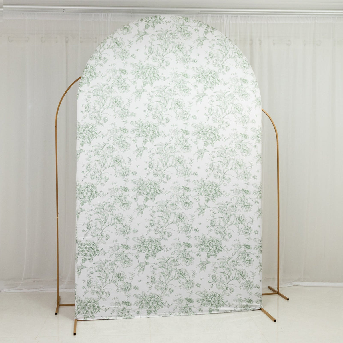 8ft Fitted Spandex Chiara Backdrop Cover – French Toile Blue & White Floral Arch Slipcover for Round Top Wedding Stand