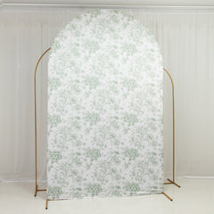 8ft Fitted Spandex Chiara Backdrop Cover – French Toile Blue & White Floral Arch Slipcover for Round Top Wedding Stand