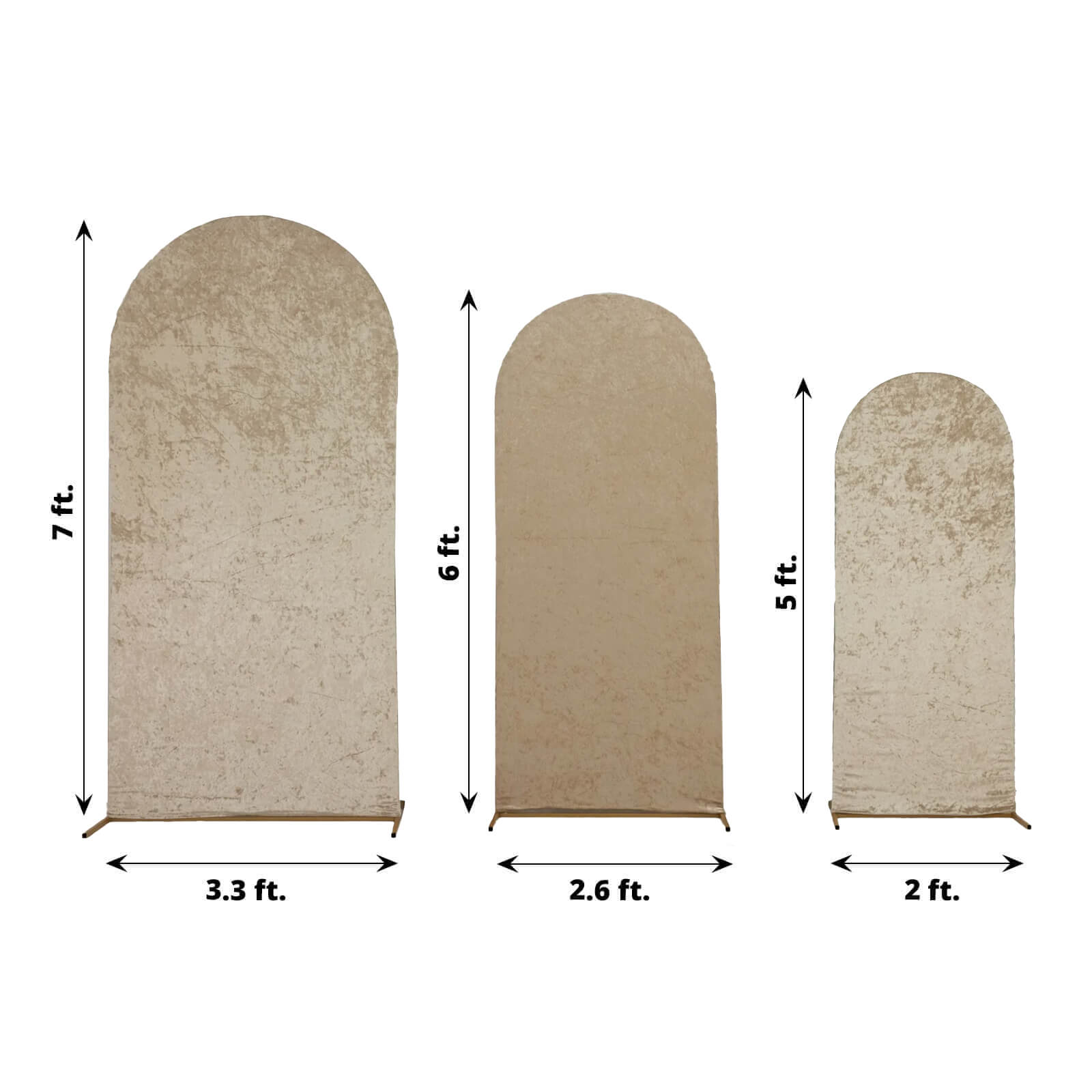 Set of 3 Beige Crushed Velvet Chiara Backdrop Stand Covers For Round Top Wedding Arches - 5ft, 6ft, 7ft