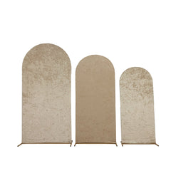 Set of 3 Beige Crushed Velvet Chiara Backdrop Stand Covers For Round Top Wedding Arches - 5ft, 6ft, 7ft
