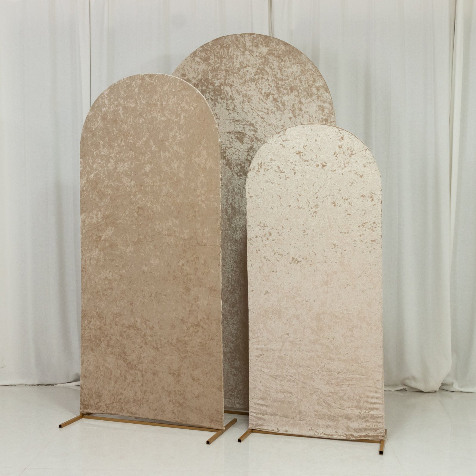 Set of 3 Beige Crushed Velvet Chiara Backdrop Stand Covers For Round Top Wedding Arches - 5ft, 6ft, 7ft
