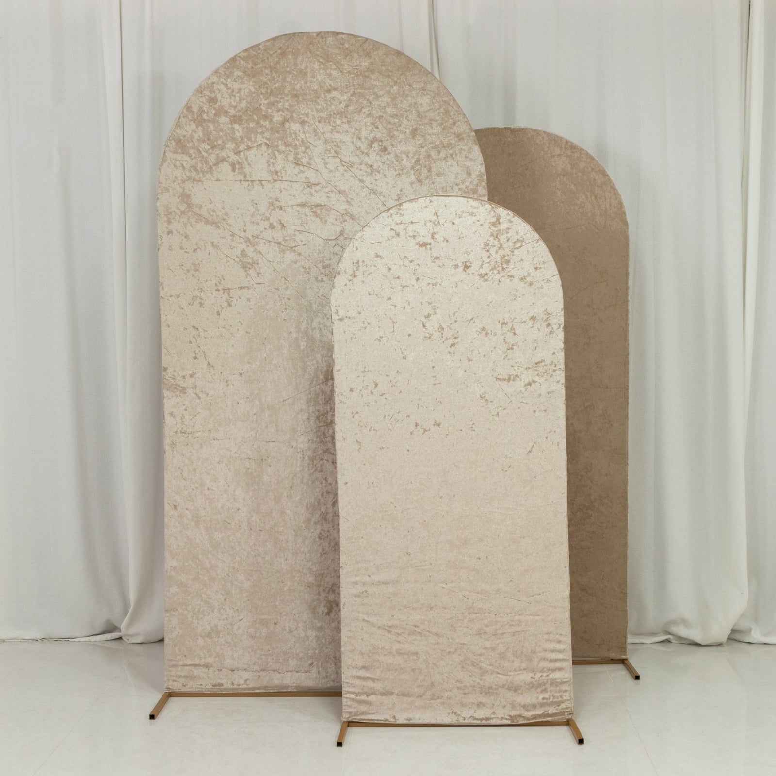 Set of 3 Beige Crushed Velvet Chiara Backdrop Stand Covers For Round Top Wedding Arches - 5ft, 6ft, 7ft
