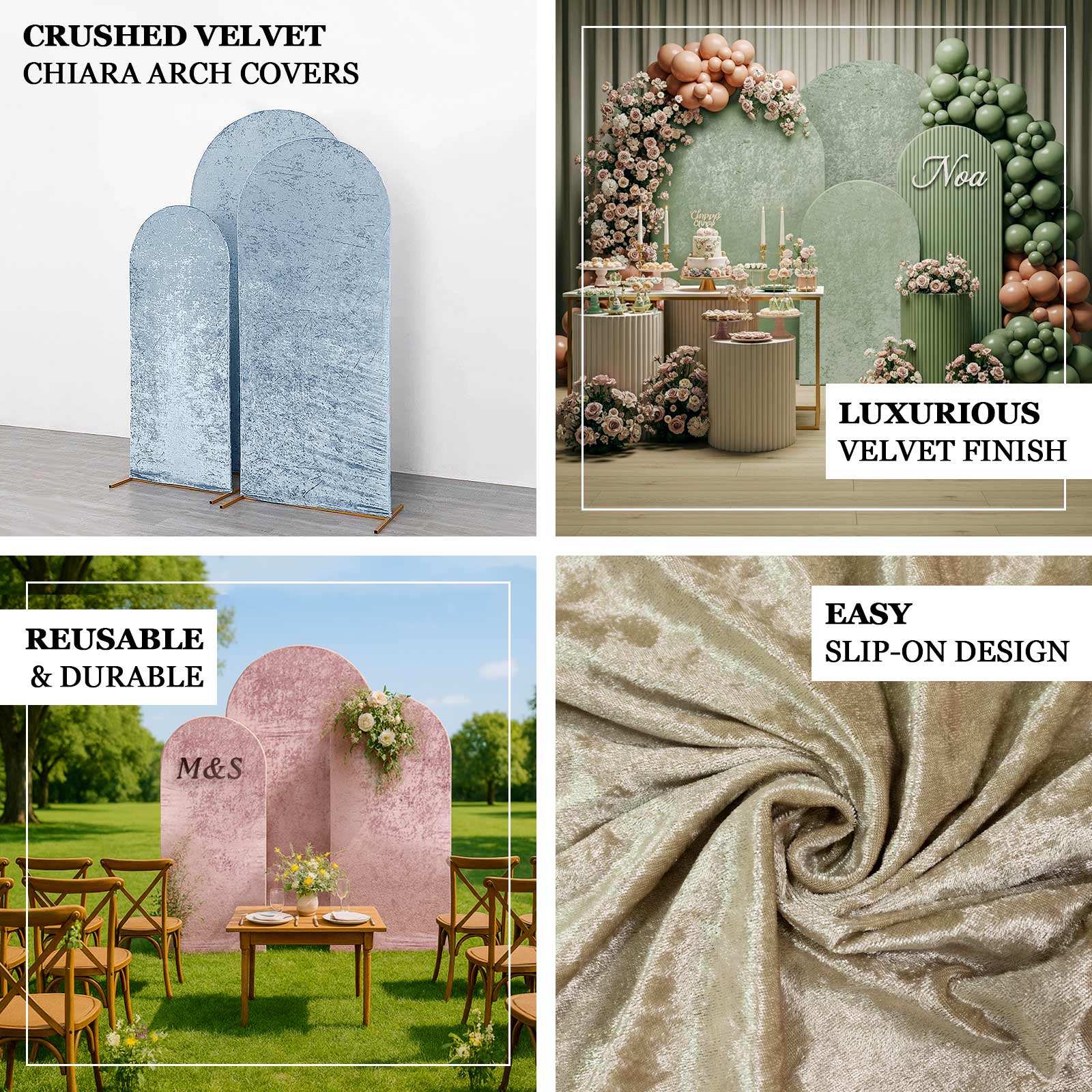 Set of 3 White Crushed Velvet Chiara Backdrop Stand Covers For Round Top Wedding Arches - 5ft, 6ft, 7ft