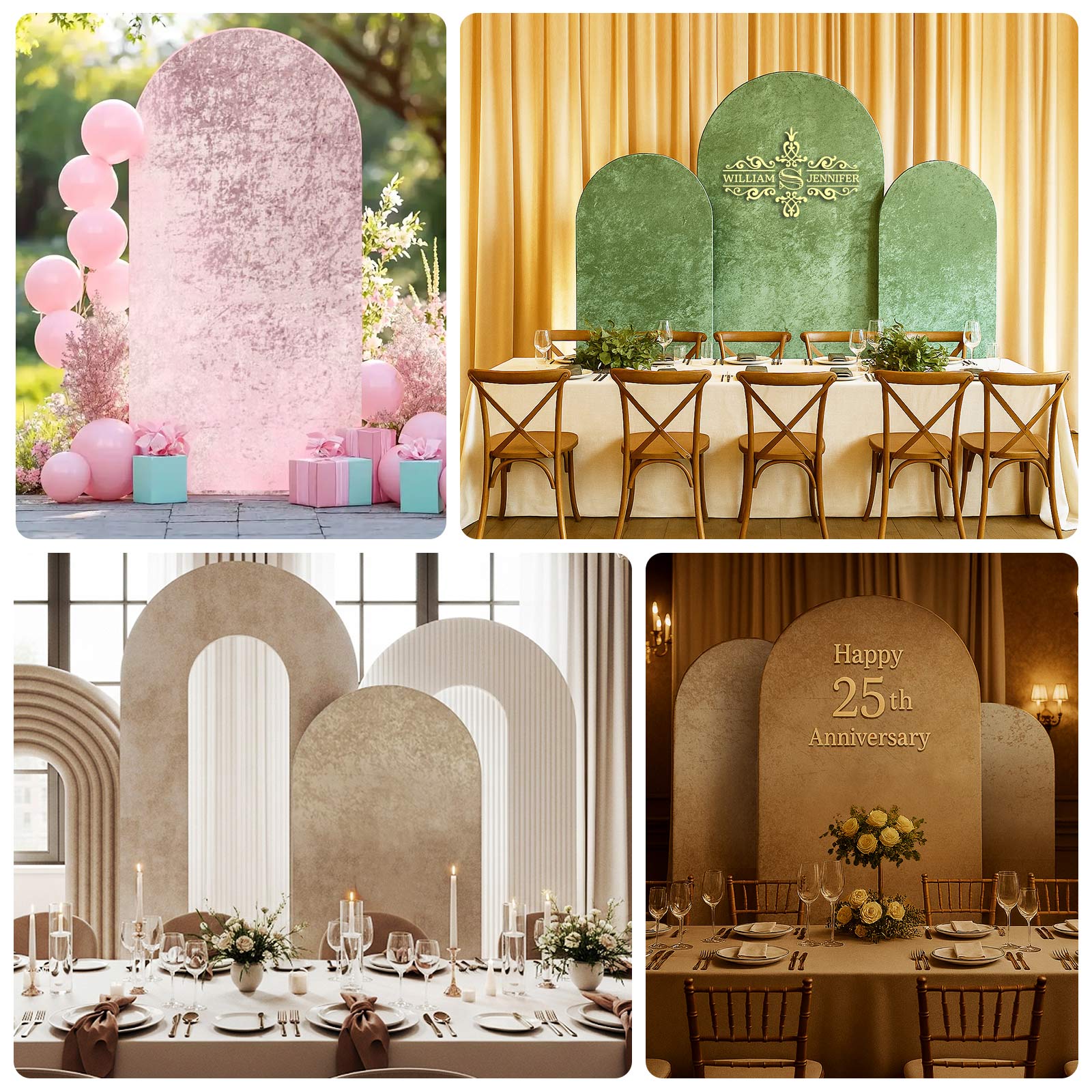 Set of 3 White Crushed Velvet Chiara Backdrop Stand Covers For Round Top Wedding Arches - 5ft, 6ft, 7ft