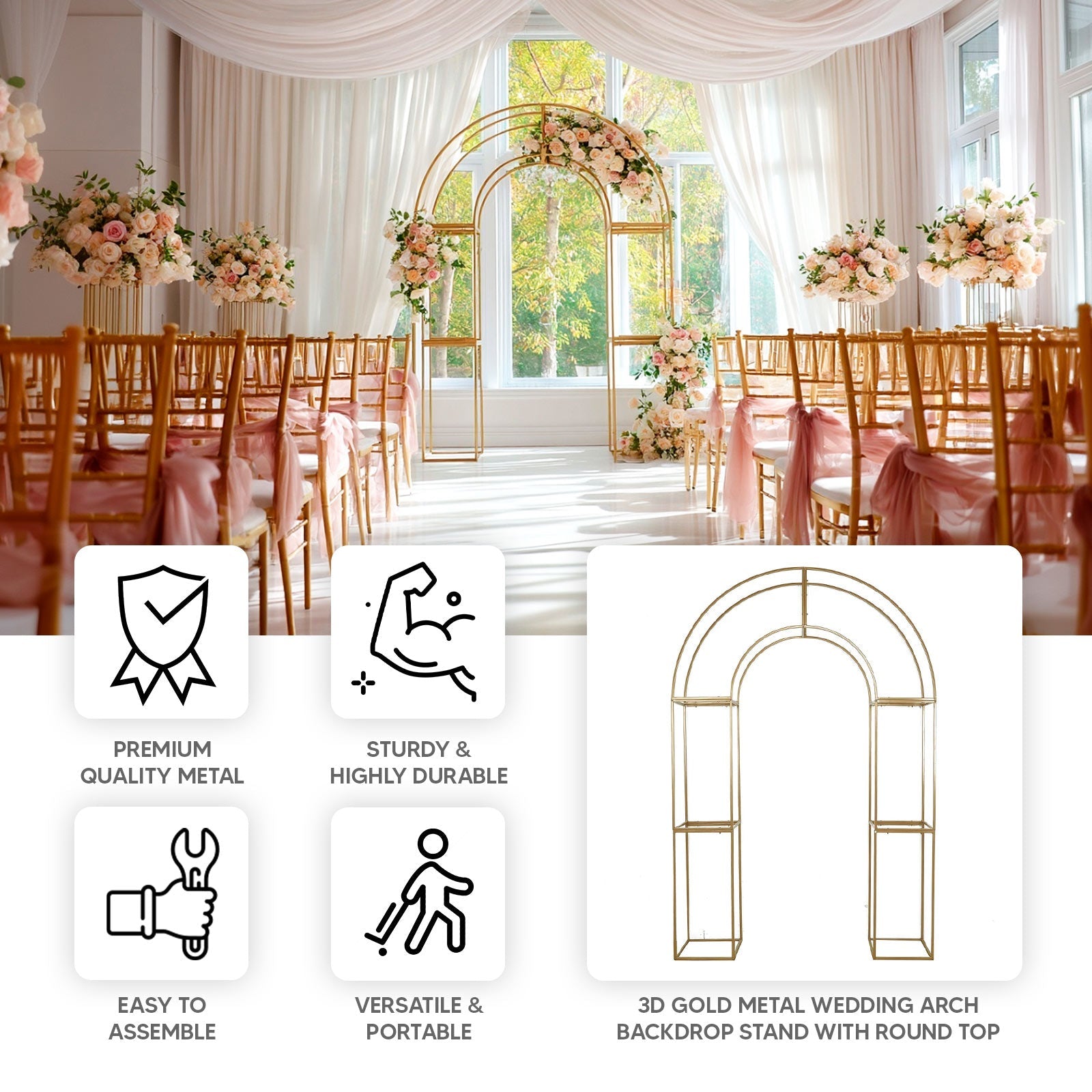 7.5ft Gold 3D Metal Wedding Arch Backdrop Stand with Round Top, Heavy-Duty Floral Balloon Frame for Elegant Parties