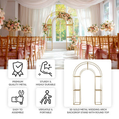 7.5ft Gold 3D Metal Wedding Arch Backdrop Stand with Round Top, Heavy-Duty Floral Balloon Frame for Elegant Parties
