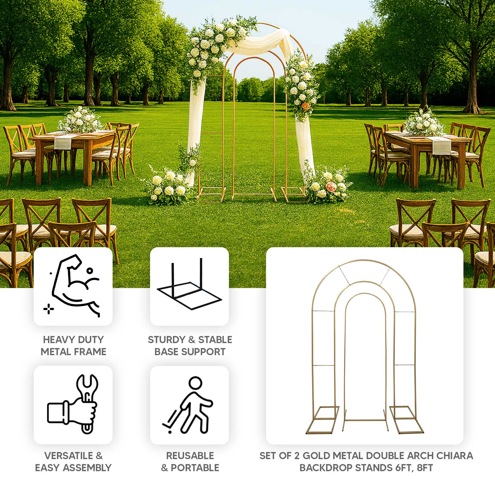 Set of 2 Gold Metal Round Top Chiara Backdrop Stand Wedding Arches, Double Arch Floral Balloon Frame Ceremony Arbors - 6ft,8ft