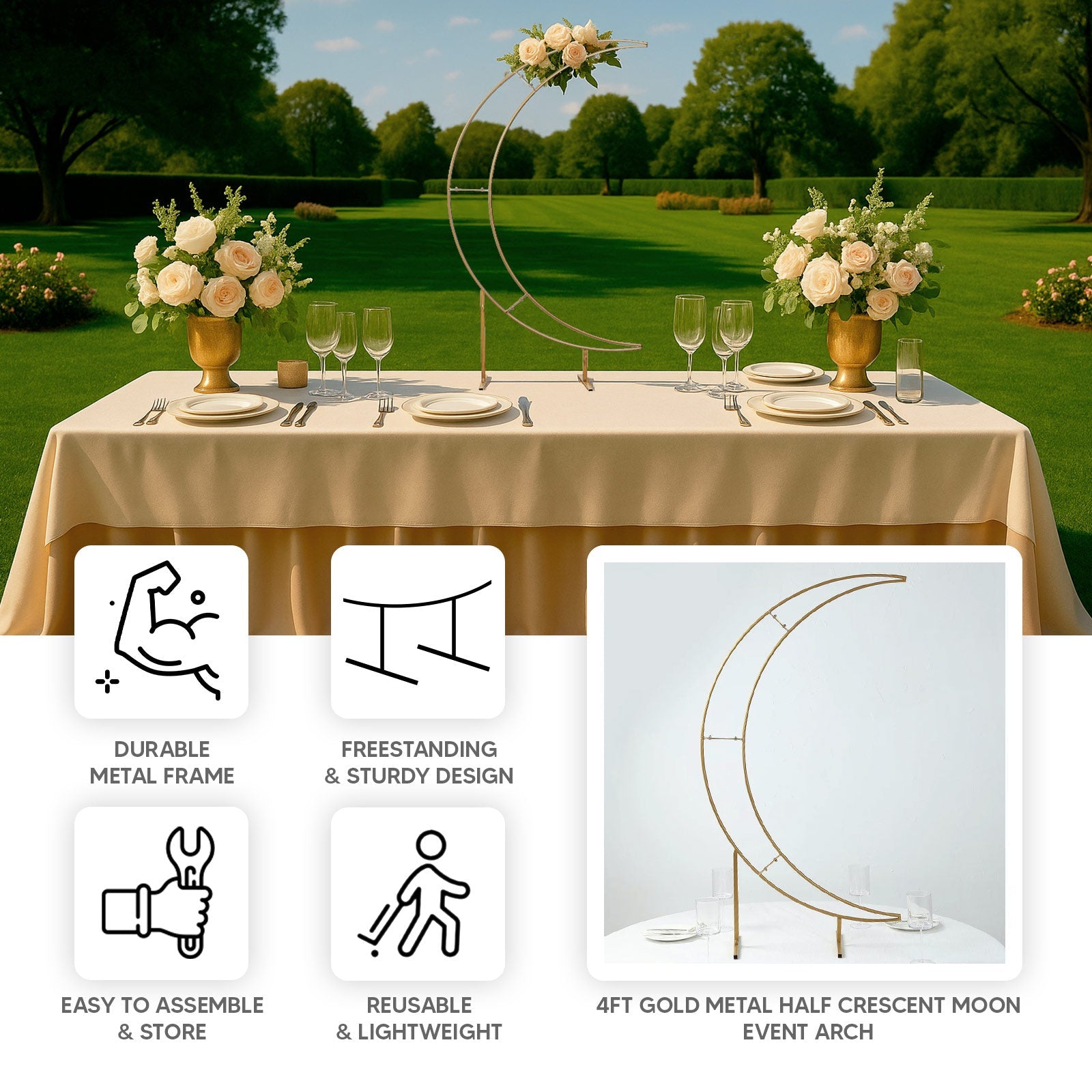 4ft Gold Metal Half Crescent Moon Wedding Arbor Frame, Table Top Centerpiece Curved Design Arch Flower Balloon Stand