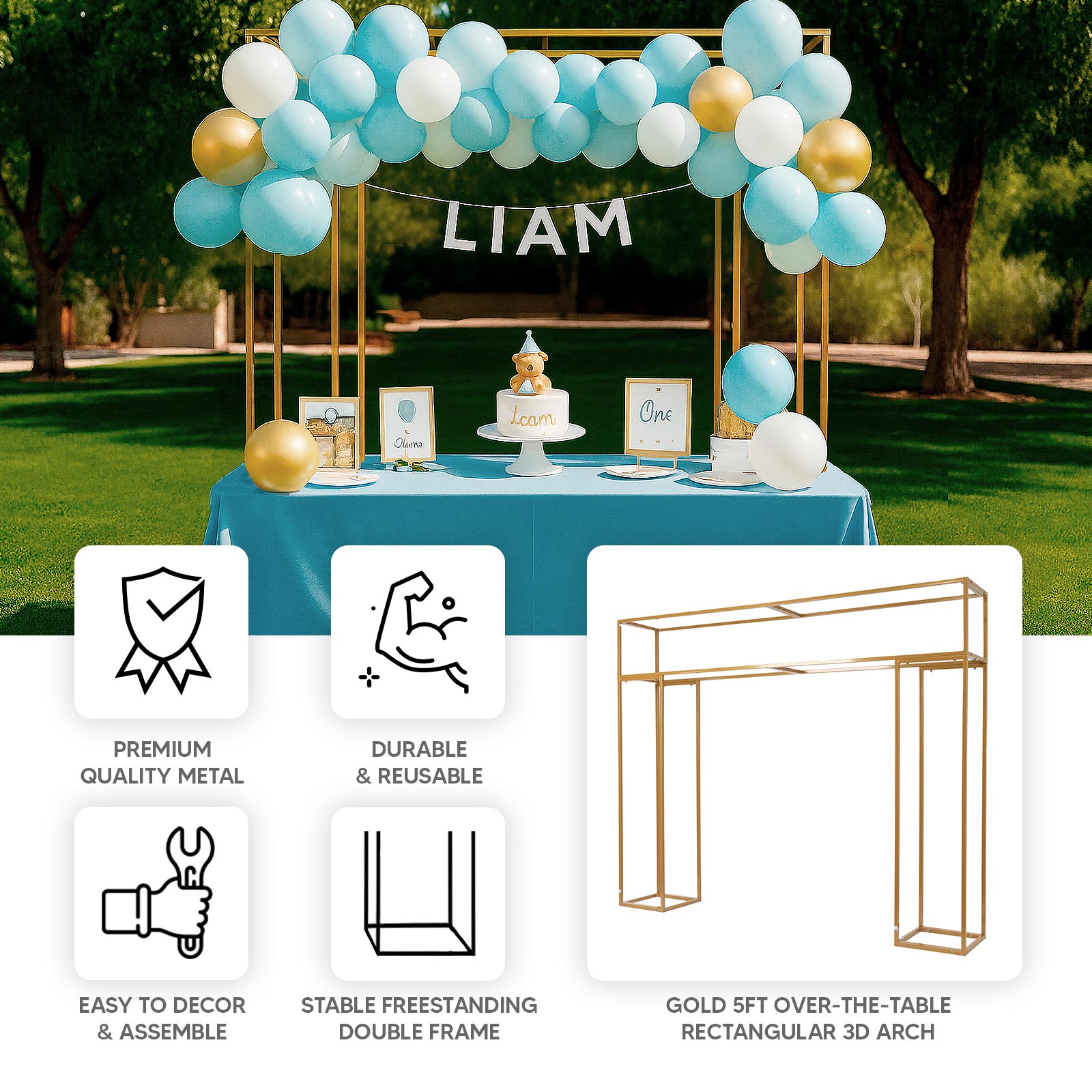 5ft Over the Table Stand in Gold, Freestanding Rectangular Double Frame Over the Table Rod for Floral Balloon Décor