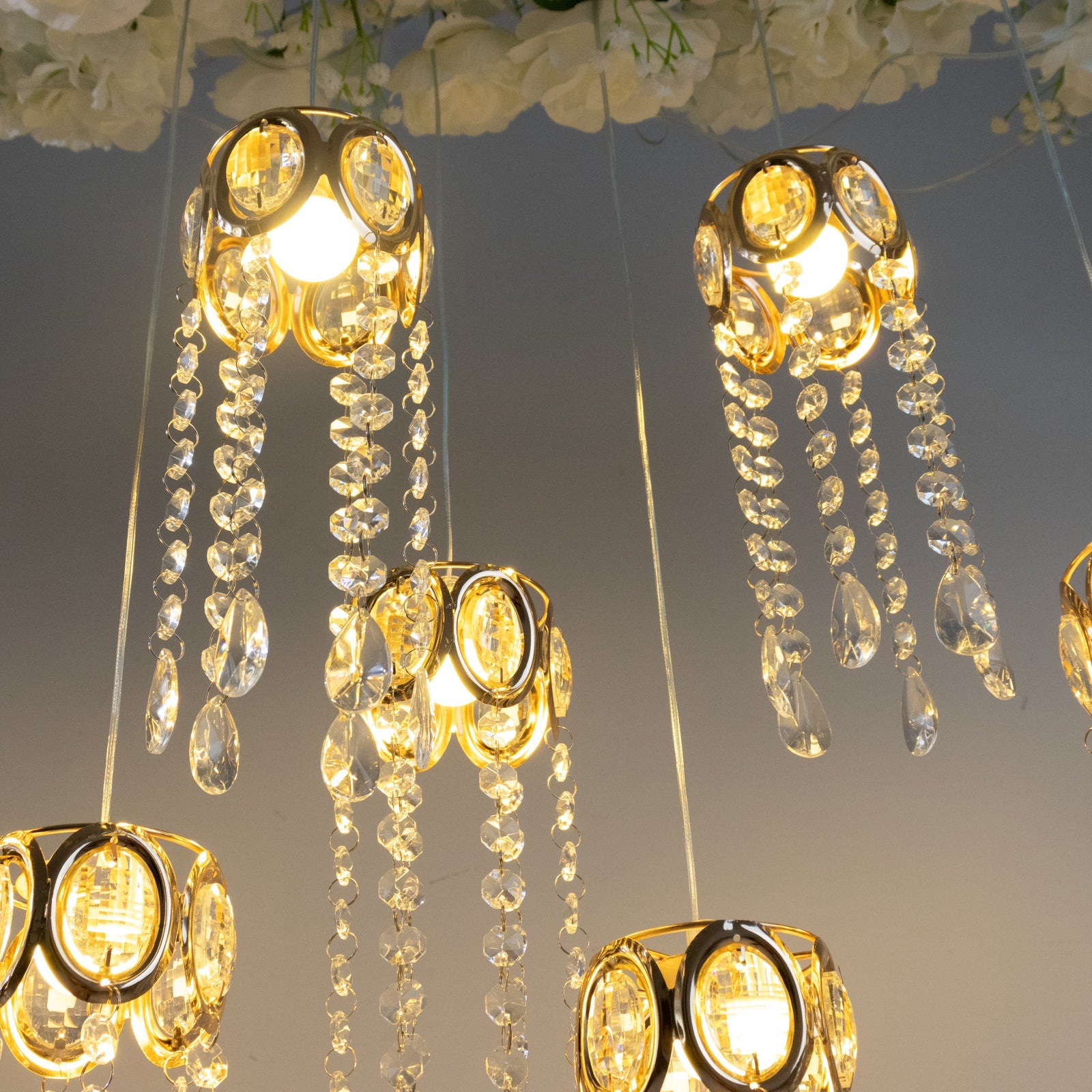 LED Hanging Crystal String Lights – Gold Oval Frame with Teardrop Pendants, Warm White Plug-in Chandelier Décor