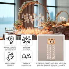 LED Hanging Crystal String Lights – Gold Oval Frame with Teardrop Pendants, Warm White Plug-in Chandelier Décor