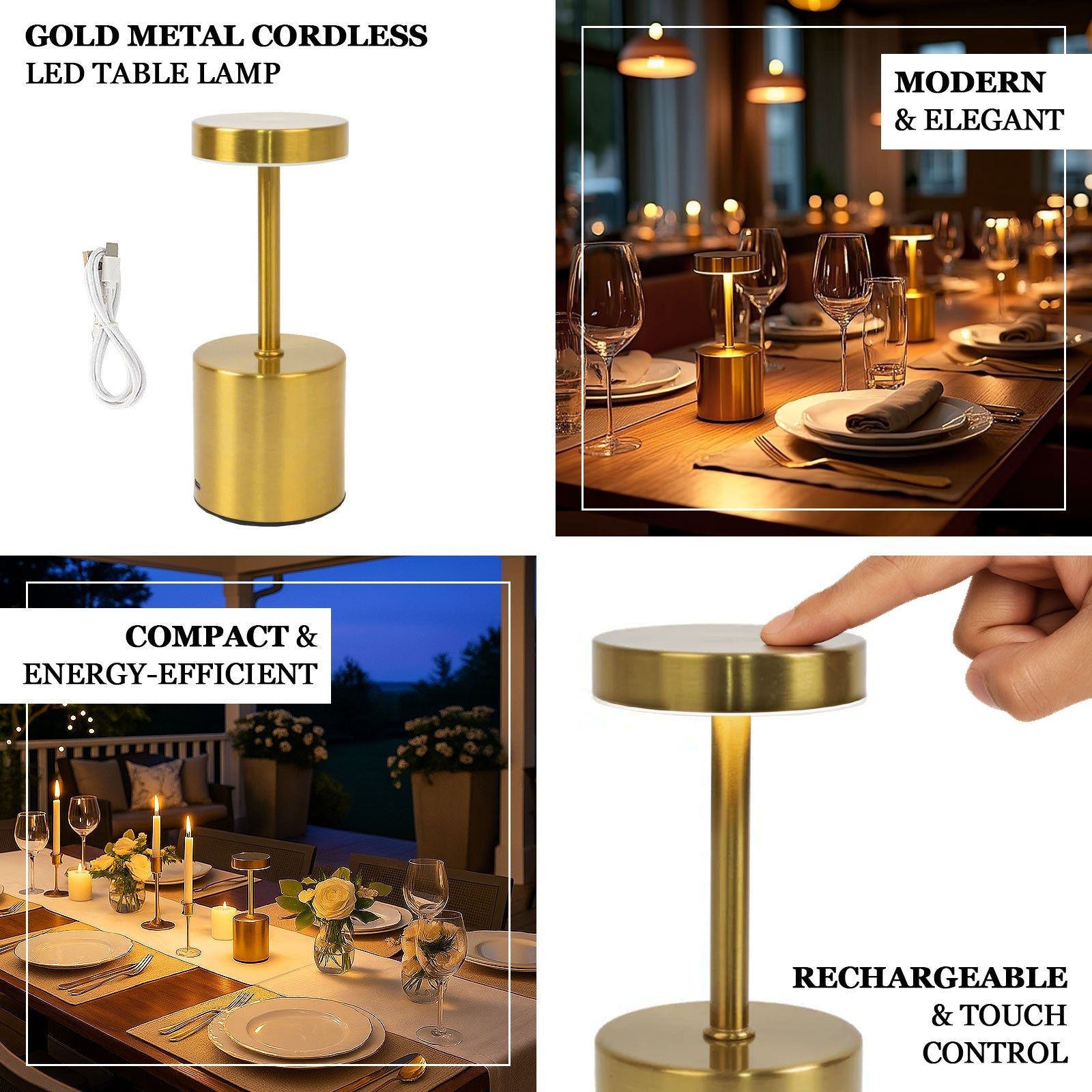 Gold Metal LED Table Lamp – 8" Cordless USB Rechargeable, Dimmable Touch-Control Night Light, Modern Minimalist Design