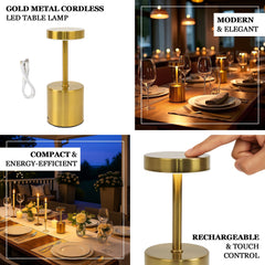 Gold Metal LED Table Lamp – 8" Cordless USB Rechargeable, Dimmable Touch-Control Night Light, Modern Minimalist Design