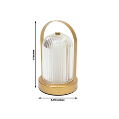 8" Gold Metal LED Table Lamp with Ribbed Acrylic Shade – Cordless USB Rechargeable Touch Control Light with 3 Color Modes