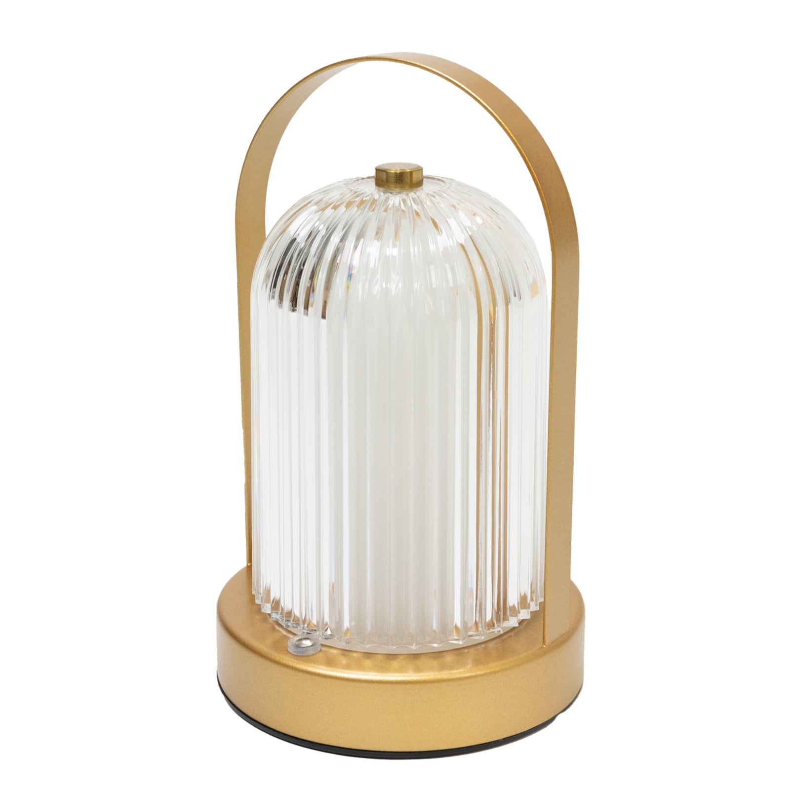 8" Gold Metal LED Table Lamp with Ribbed Acrylic Shade – Cordless USB Rechargeable Touch Control Light with 3 Color Modes