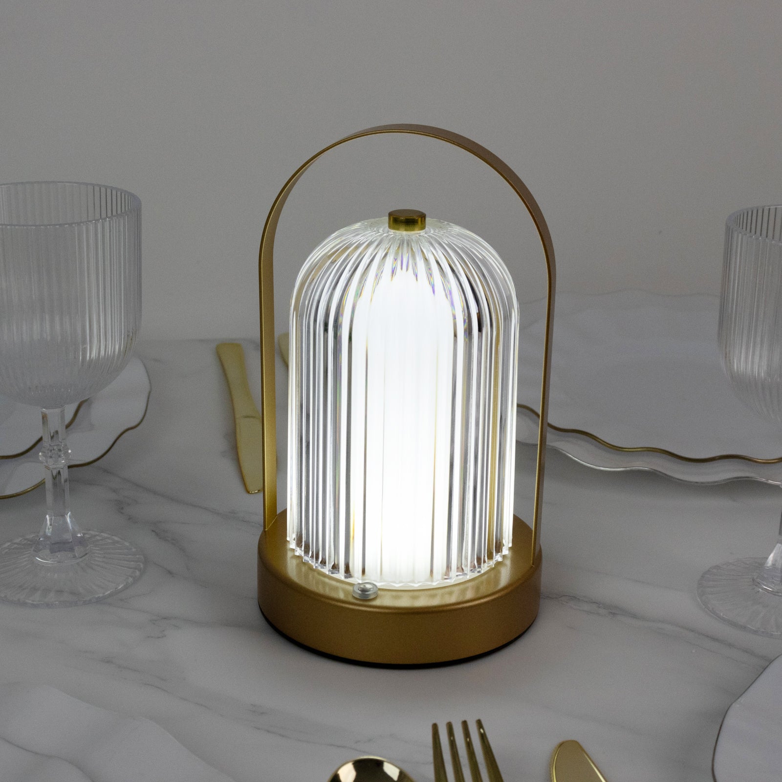 8" Gold Metal LED Table Lamp with Ribbed Acrylic Shade – Cordless USB Rechargeable Touch Control Light with 3 Color Modes