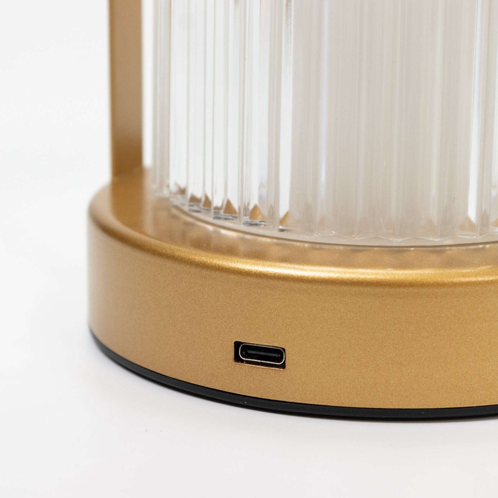 8" Gold Metal LED Table Lamp with Ribbed Acrylic Shade – Cordless USB Rechargeable Touch Control Light with 3 Color Modes