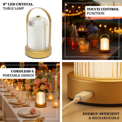 8" Gold Metal LED Table Lamp with Ribbed Acrylic Shade – Cordless USB Rechargeable Touch Control Light with 3 Color Modes