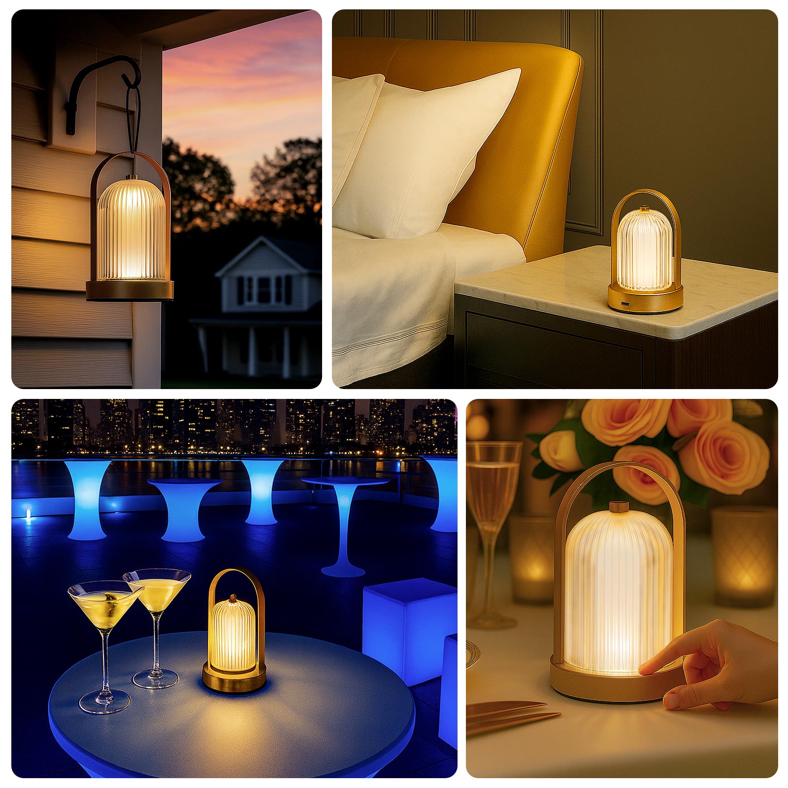 8" Gold Metal LED Table Lamp with Ribbed Acrylic Shade – Cordless USB Rechargeable Touch Control Light with 3 Color Modes