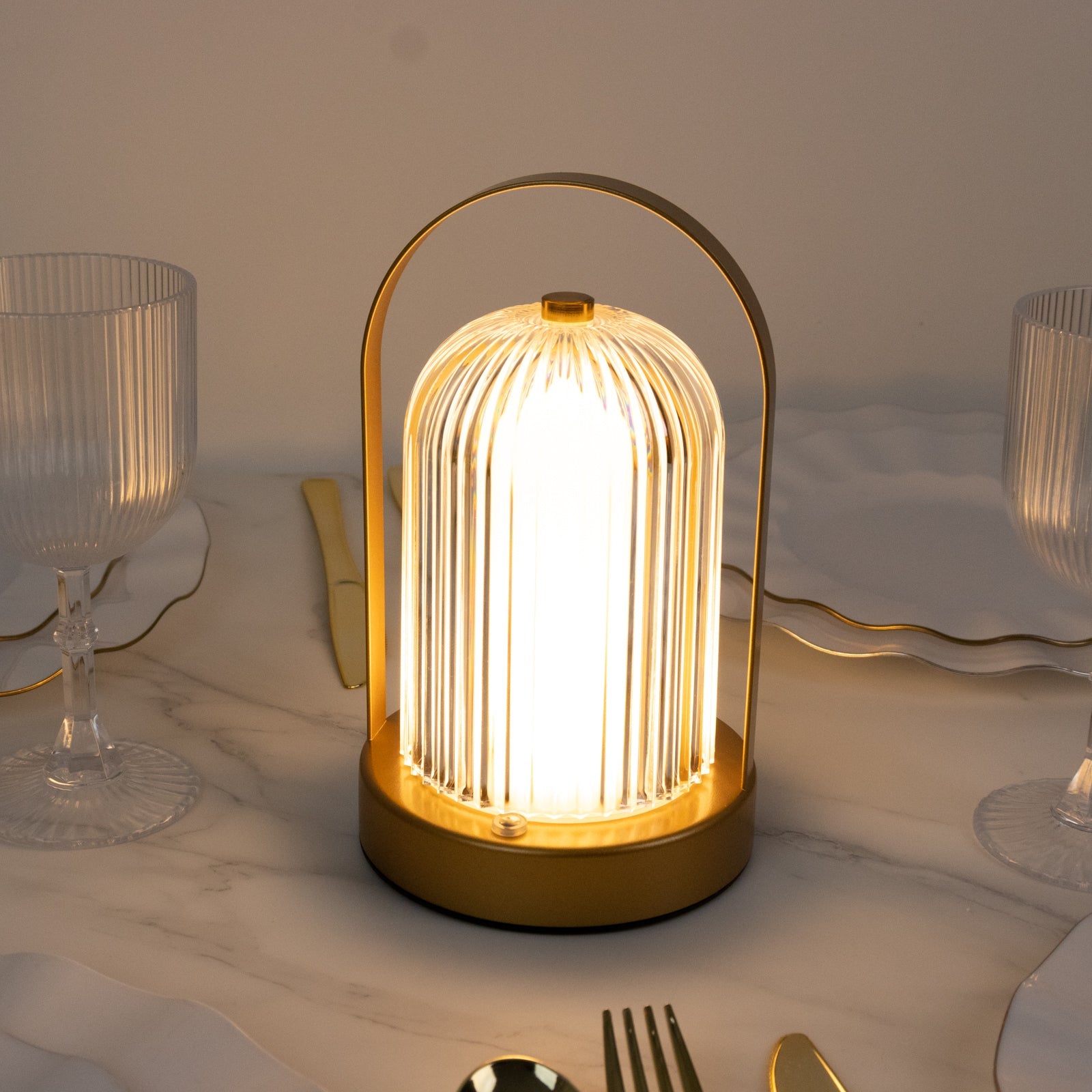 8" Gold Metal LED Table Lamp with Ribbed Acrylic Shade – Cordless USB Rechargeable Touch Control Light with 3 Color Modes